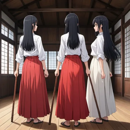 Prompt: The backs of multiple long-straight-black haired anime girls who are wearing short-sleeved white buttoned shirts and maxi long pleated red skirts that are extremely long. The girls are standing on a wooden floor while holding each of their own long fat wooden straight sticks up in the air. The hairs of the girls are untied.