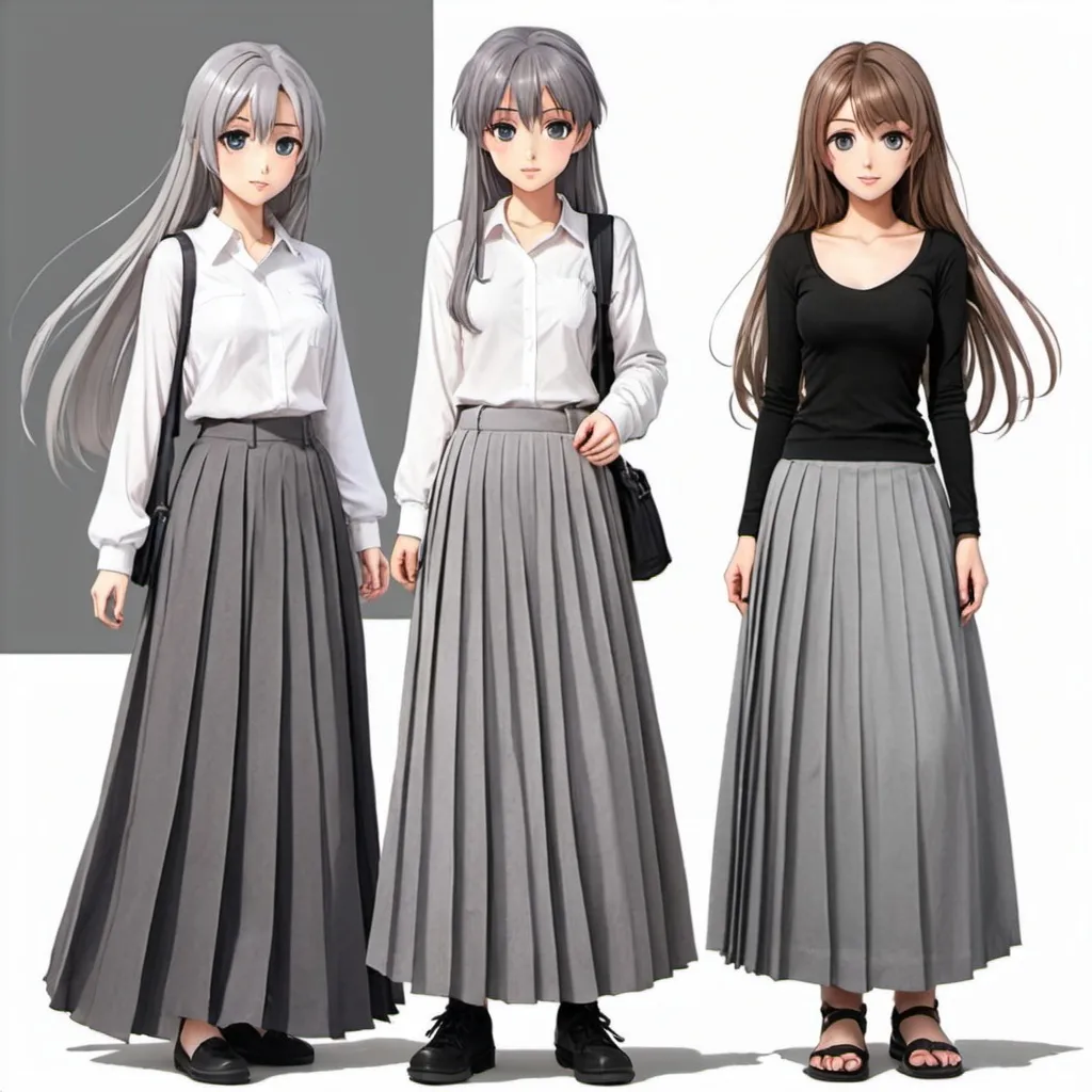 Prompt: Anime girls wearing maxi long pleated grey skirts.