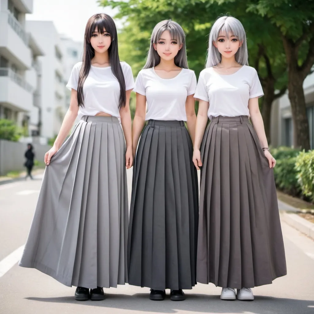 Prompt: Anime girls wearing maxi long pleated grey skirts.