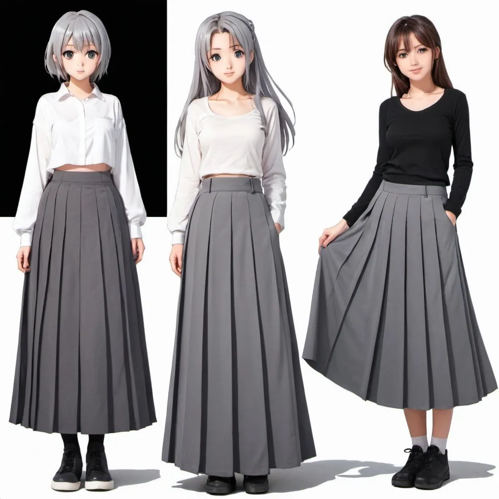 Prompt: Anime girls wearing maxi long pleated grey skirts.