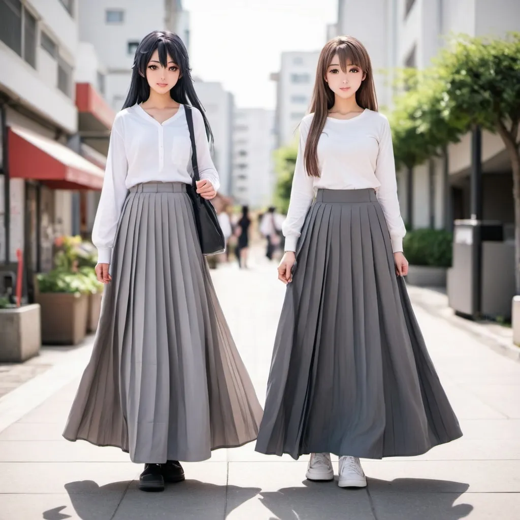 Prompt: Anime girls wearing maxi long pleated grey skirts.