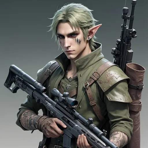 Prompt: generate an image of a male half elf with a lot of facial scars holding a sniper rifle in the styl of final fantasy art

