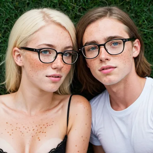 Prompt: gay love one blonde has freckles and one brunette has glasses 