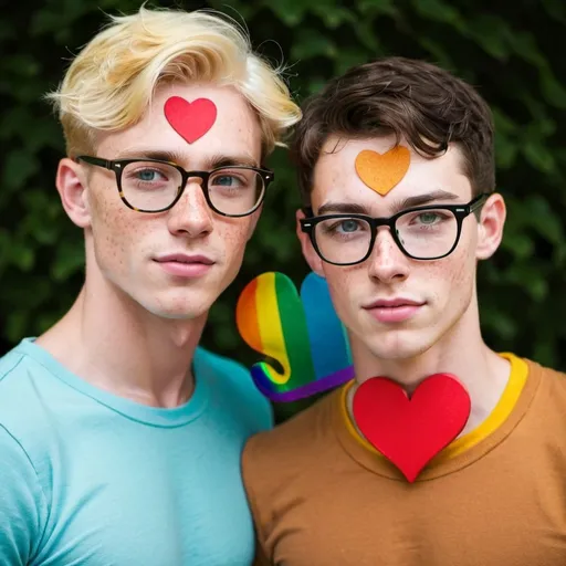 Prompt: gay love one blonde with freckles one brunette with glasses 