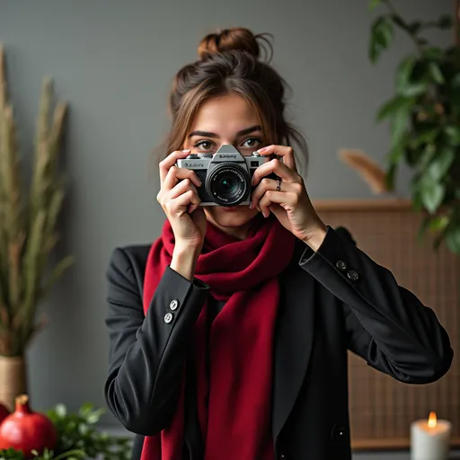 Prompt: A young woman with a bright smile holds a camera up to her face, capturing a moment in a thoughtfully arranged setting filled with greenery and decorative objects. She wears a dark blazer over a vibrant red top, complemented by a matching scarf that elegantly frames her face. The background features a blend of soft grey tones with hints of lush foliage, a few ornamental pieces, including a red pomegranate and a candle, adding warmth to the scene. The overall atmosphere exudes creativity and joy, suggesting a passion for photography and an appreciation for aesthetic beauty.