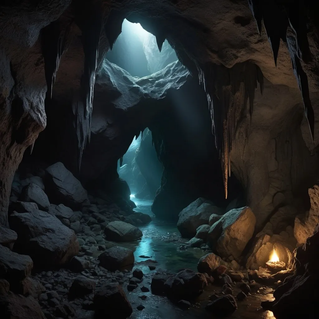 Prompt: A dark cave mixed with fantasy but not too much