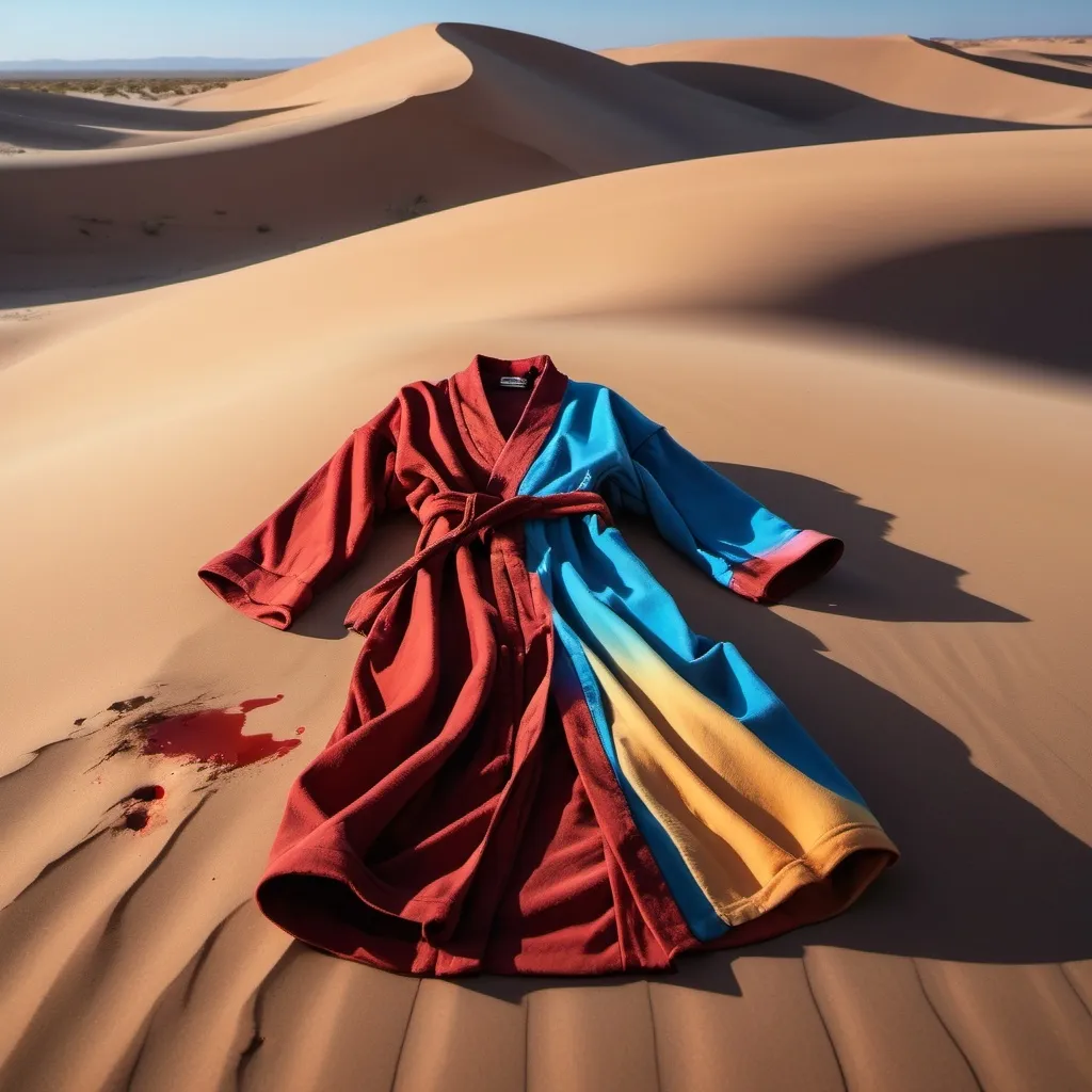 Prompt: a rainbow robe on the floor in a desert andd is ripped, torn and stained in blood