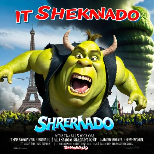 Prompt: A movie poster with the title "Shreknado" and the description under it reading "It'ss all Ogre now" a spin off of sharknado featuring shrek with a large tornado in the background