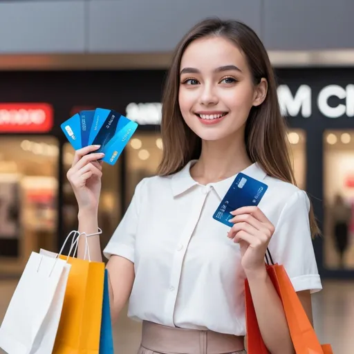 Prompt: a professional happy ai girl holding credit cards and shopping bags

