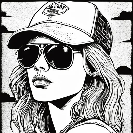 Prompt: Vintage clipart drawing of a woman with short dirty blonde hair wearing dark sunglasses and a trucker hat, and daisy dukes  black and white, ink drawing