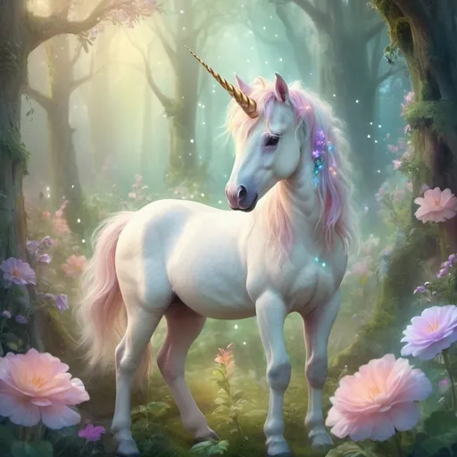Prompt: Baby unicorn in an enchanted forest, digital painting, magical glowing flowers, ethereal mist, vibrant and dreamy, high quality, fantasy, pastel tones, soft lighting, detailed fur, cute and innocent, lush greenery, whimsical, enchanting atmosphere