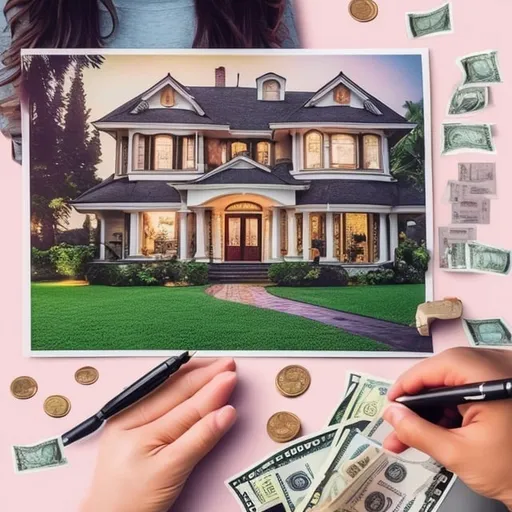 Prompt: Realistic vision board with money, house, car, and a baby, highres, detailed, realistic, vision board, professional, detailed money, luxurious house, shiny car, adorable baby, realistic style, warm lighting, vibrant colors