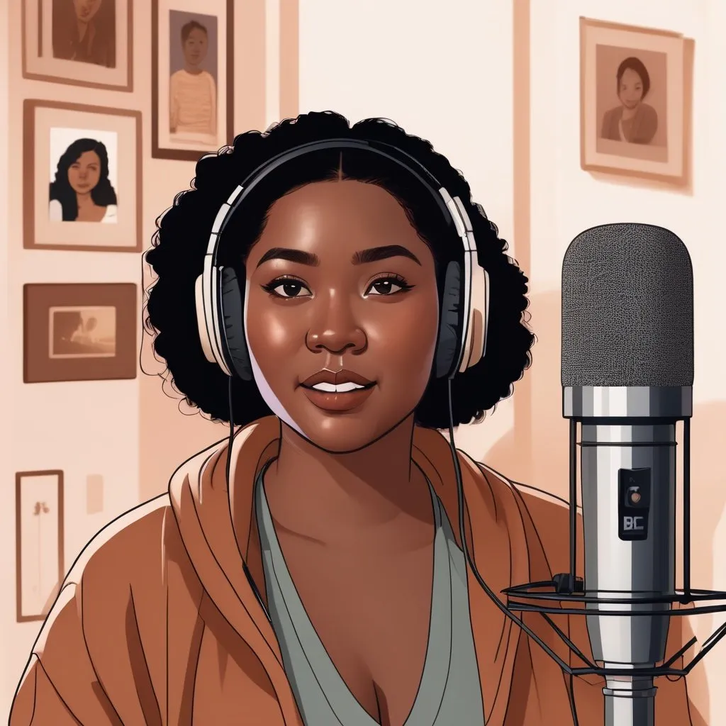 Prompt: Chubby bi-racial woman in front of podcast microphone, digital illustration, cozy atmosphere, warm and inviting, detailed facial features, natural lighting, high quality, warm tones, professional, inviting setting