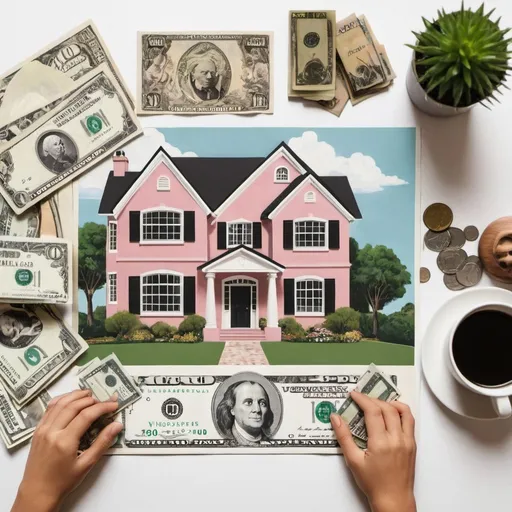 Prompt: A Vision Board with Money, House, Car, Baby on it