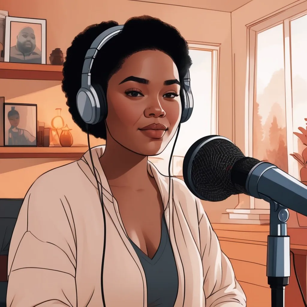 Prompt: Chubby bi-racial light skin woman in front of podcast microphone, digital illustration, cozy atmosphere, warm and inviting, detailed facial features, natural lighting, high quality, warm tones, professional, inviting setting