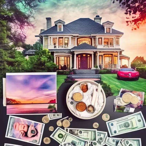 Prompt: Realistic vision board with money, house, car, and a baby, highres, detailed, realistic, vision board, professional, detailed money, luxurious house, shiny car, adorable baby, realistic style, warm lighting, vibrant colors