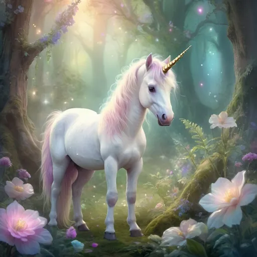 Prompt: Baby unicorn in an enchanted forest, digital painting, magical glowing flowers, ethereal mist, vibrant and dreamy, high quality, fantasy, pastel tones, soft lighting, detailed fur, cute and innocent, lush greenery, whimsical, enchanting atmosphere