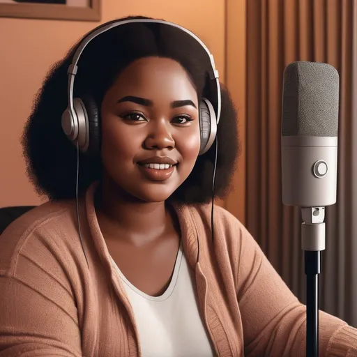Prompt: Chubby bi-racial woman in front of podcast microphone, digital illustration, cozy atmosphere, warm and inviting, detailed facial features, natural lighting, high quality, warm tones, professional, inviting setting