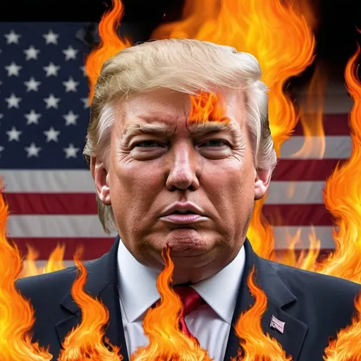 Prompt: Donald Trump as the dictator on the United States Flag in flames in the background