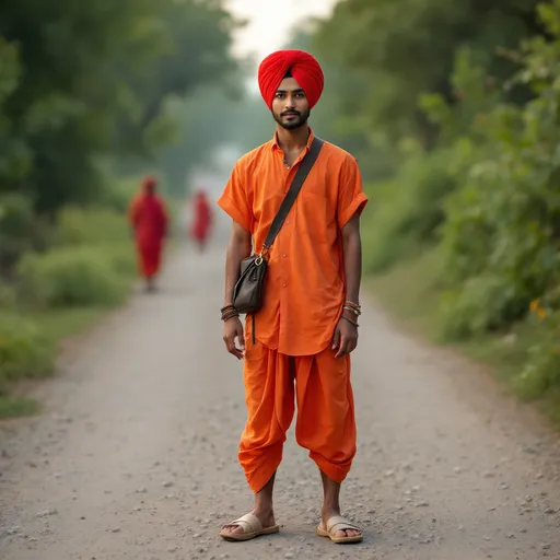 Prompt: A young man stands confidently on a gravel road, dressed in vibrant orange attire that consists of a sleeveless shirt and loose-fitting shorts, complemented by a red turban that adds a striking contrast. His accessories include bracelets and a small bag slung across his shoulder, while his feet are comfortably clad in light-colored clogs. The background reveals greenery and a distant figure dressed similarly, suggesting a rural setting in the early evening light, where the soft glow enhances the warmth of his attire. There’s a sense of purpose in his expression, conveying both tranquility and determination, reflective of a journey or cultural pilgrimage. The overall composition, with its sharp focus on the subject and a softly blurred background, captures a moment of both individuality and connection to the surroundings.