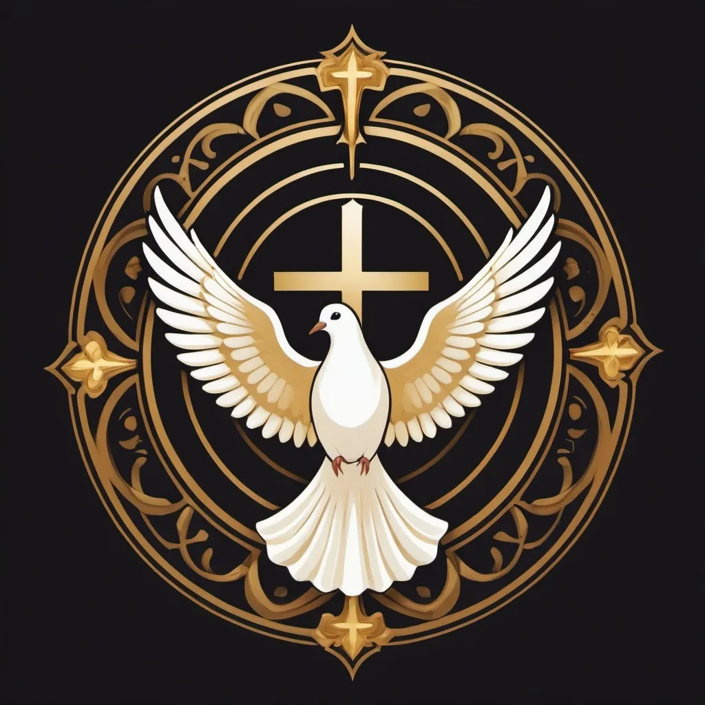 Prompt: Create a logo that symbolizes the essence of God as described in the Bible. Incorporate elements such as light to represent divine presence, a dove to signify the Holy Spirit, and a cross as a symbol of salvation. Use a color palette of gold and white to convey holiness and purity.