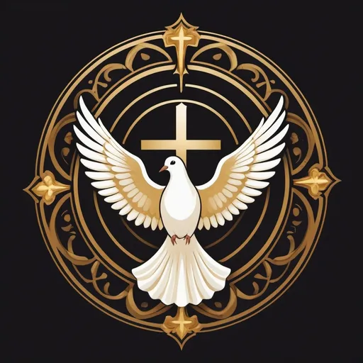 Prompt: Create a logo that symbolizes the essence of God as described in the Bible. Incorporate elements such as light to represent divine presence, a dove to signify the Holy Spirit, and a cross as a symbol of salvation. Use a color palette of gold and white to convey holiness and purity.