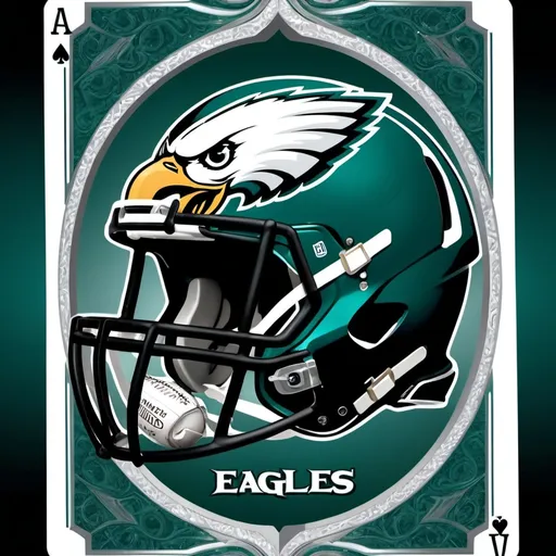 Prompt: Philadelphia Eagles helmet, (intricate playing card design), bold colors, (dynamic patterns), highly detailed, (shiny metallic finish), vivid imagery, showcasing the eagle logo transformed into card motifs, (4K resolution), energetic atmosphere, vibrant sports culture, detailed shading and textures, (dramatic lighting).