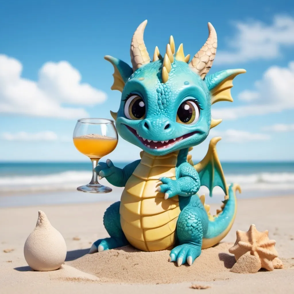 Prompt: An image of a cute baby dragon, sitting on the beach, looking at the water with a tequila at the side. The sky is blue, the beach is clean and filled with sand. All in a happy style.