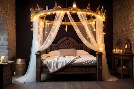 Prompt: Medieval fantasy bed with fairy lights
