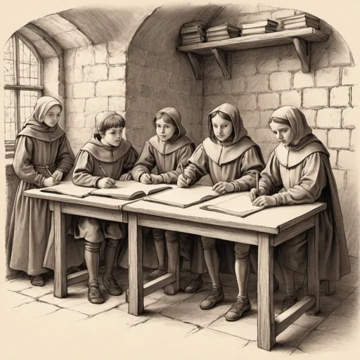 Prompt: sketch a school during the middle ages showing 1 teacher and 5 pupils.