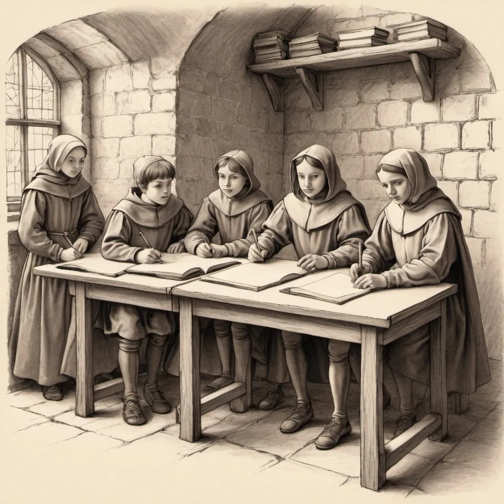 Prompt: sketch a school during the middle ages showing 1 teacher and 5 pupils.