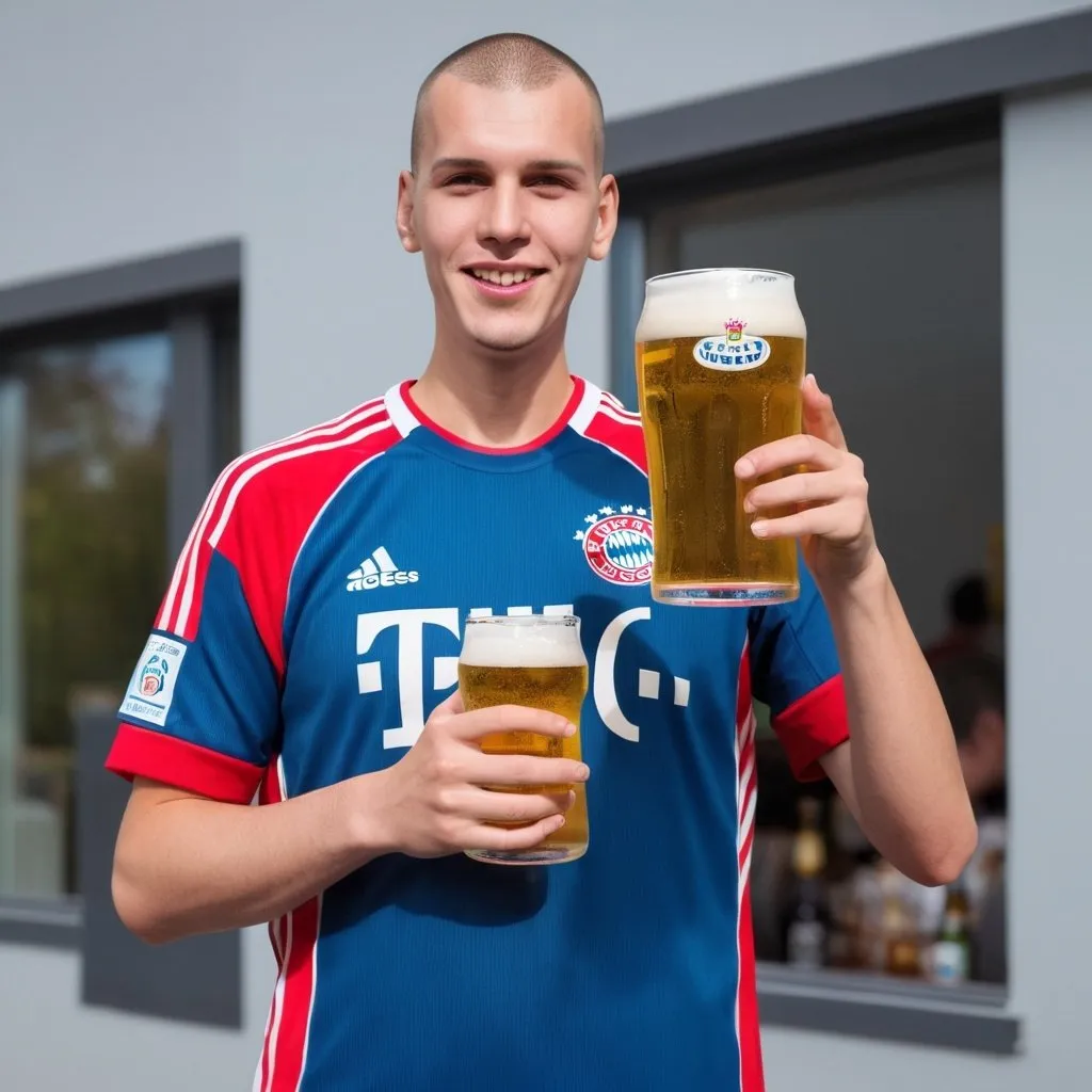 Prompt: A 2meter tall boy with buzz cut, Bayern M�nchen jersey and beer in his hand