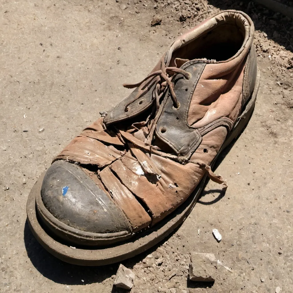 Prompt: A dirty, torn old shoe that is beyond repair