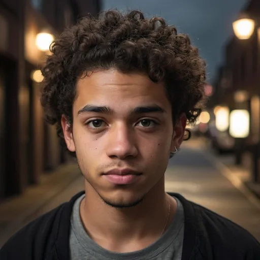 Prompt: Realistic portrait of 24-year-old biracial  boy,  curly hair, half up, half down, dim lighting, moody atmosphere, urban setting