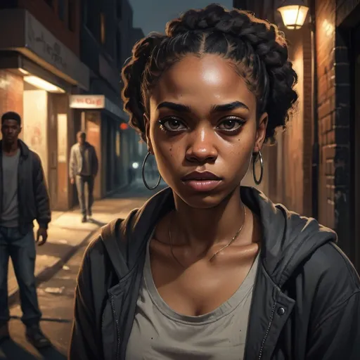 Prompt: Realism style illustration of a young black woman, intense expression, dim and moody lighting, detailed facial features, urban setting, city alley at night, suspicious male figure lurking in the shadows, distressed clothing, realistic skin tones, emotional turmoil, gritty atmosphere, detailed eyes, high quality, realistic, urban, intense lighting, suspicion, dramatic