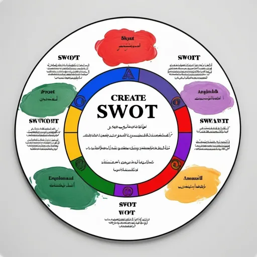 Prompt: Create SWOT analysis model  with English and Arabic language explanations with coloured painting and white background.for educational purposes.