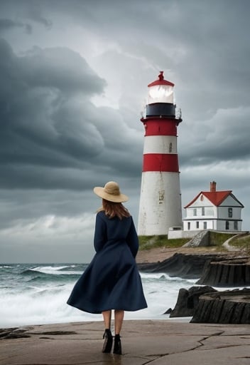 Prompt: woman at the sea, storm, lighthouse, ship