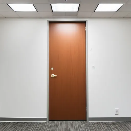 Prompt: a white wall with a office door in the center