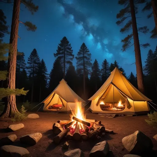 Prompt: Create a serene nighttime camping scene set in a dense forest. The focal point should be two glowing triangular tents positioned on either side of a central campfire, with the firelight casting a warm glow on the surrounding grassy area. Towering pine trees encircle the campsite, adding a sense of seclusion and tranquility. Above, depict a deep blue night sky filled with countless stars and a few wispy clouds that reflect a soft light, evoking a peaceful and awe-inspiring atmosphere. The overall mood should be calm, peaceful, and deeply connected with nature.