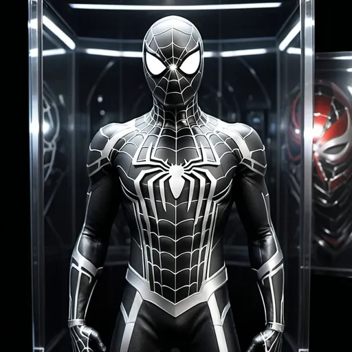 Prompt: (A striking depiction of a fully metal silver Spiderman suit), featuring intricate black and white webbing, elegantly posed within a sleek, illuminated display case. The background showcases a high-tech room, adorned with futuristic elements and ambient lighting. The overall atmosphere is modern and sophisticated, emphasizing the hero’s attire in an ultra-detailed, HD quality.