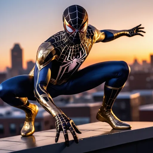 Prompt: Sam Raimi black gold Spiderman suit with silver webbing super hero landing.