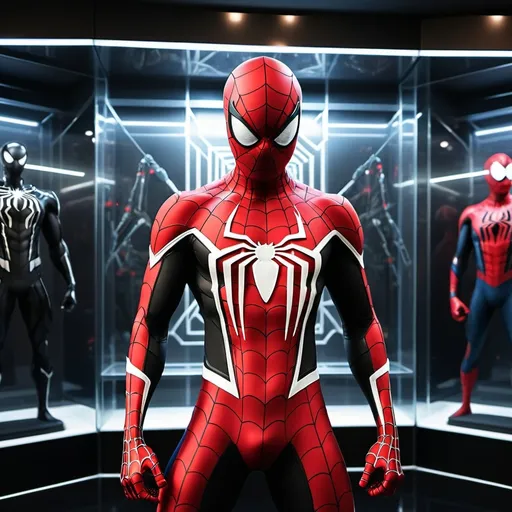 Prompt: (A striking depiction of a fully cherry red Spiderman suit), featuring intricate black and white webbing, elegantly posed within a sleek, illuminated display case. The background showcases a high-tech room, adorned with futuristic elements and ambient lighting. The overall atmosphere is modern and sophisticated, emphasizing the hero’s attire in an ultra-detailed, HD quality.