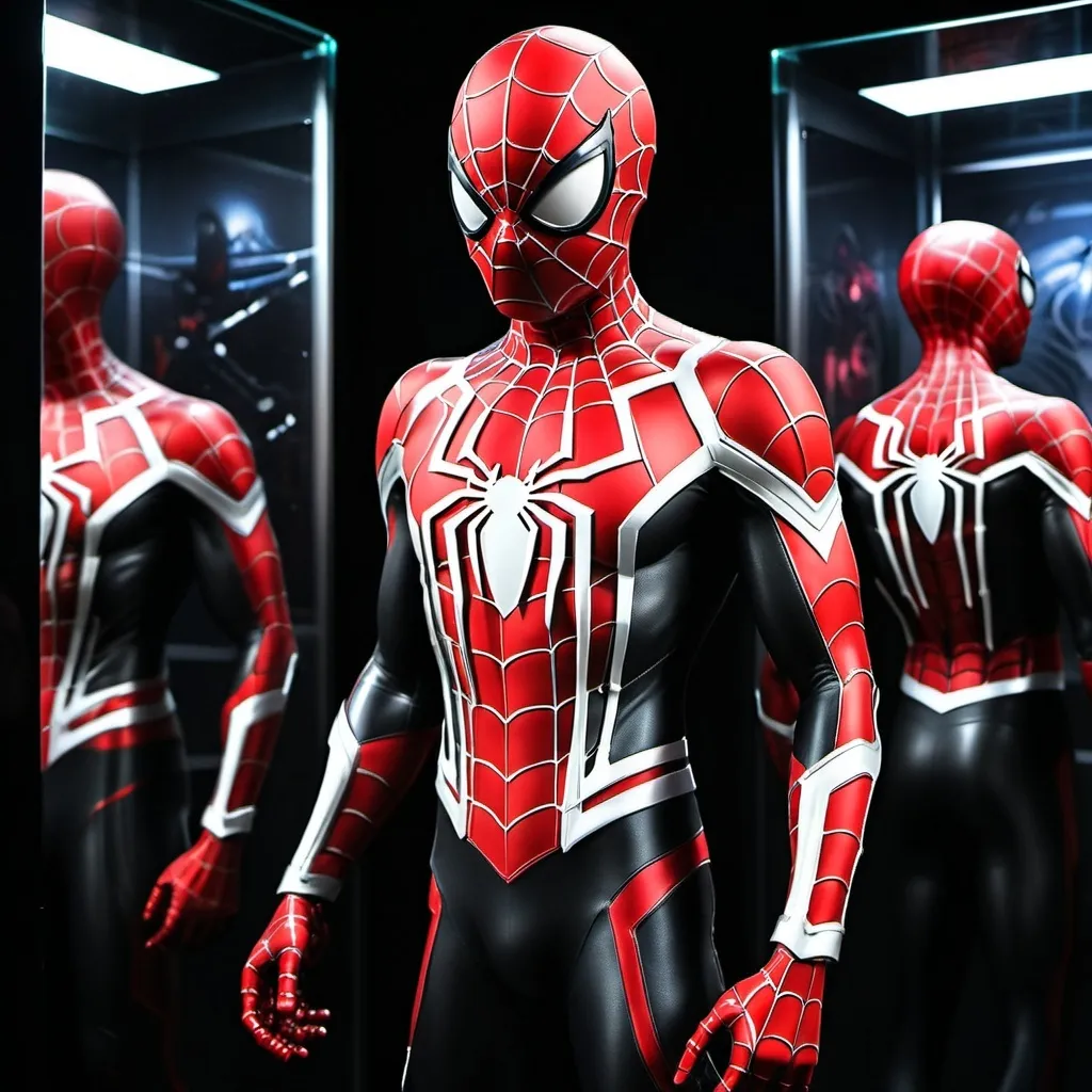 Prompt: (A striking depiction of a fully cherry red Spiderman suit), featuring intricate black and white webbing, elegantly posed within a sleek, illuminated display case. The background showcases a high-tech room, adorned with futuristic elements and ambient lighting. The overall atmosphere is modern and sophisticated, emphasizing the hero’s attire in an ultra-detailed, HD quality.