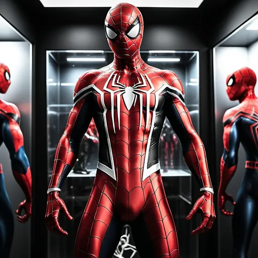 Prompt: A fully cherry red  Spiderman suit. With black and white webbing. Standing in a display case. High tech. room Studio lights 