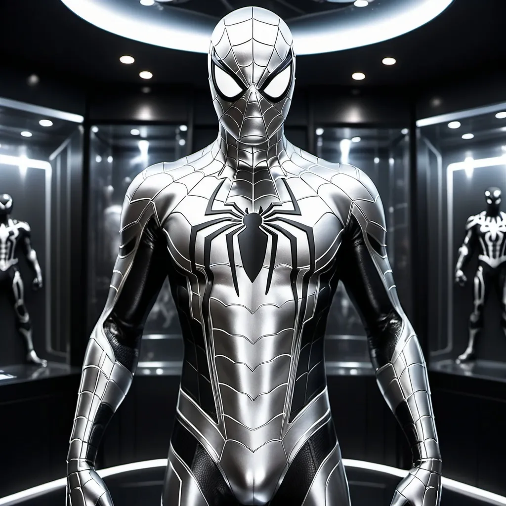 Prompt: (A striking depiction of a fully metal silver Spiderman suit), featuring intricate black and white webbing, elegantly posed within a sleek, illuminated display case. The background showcases a high-tech room, adorned with futuristic elements and ambient lighting. The overall atmosphere is modern and sophisticated, emphasizing the hero’s attire in an ultra-detailed, HD quality.