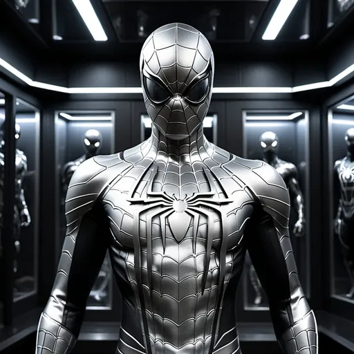 Prompt: (A striking depiction of a fully metal silver Spiderman suit), featuring intricate black and white webbing, elegantly posed within a sleek, illuminated display case. The background showcases a high-tech room, adorned with futuristic elements and ambient lighting. The overall atmosphere is modern and sophisticated, emphasizing the hero’s attire in an ultra-detailed, HD quality.