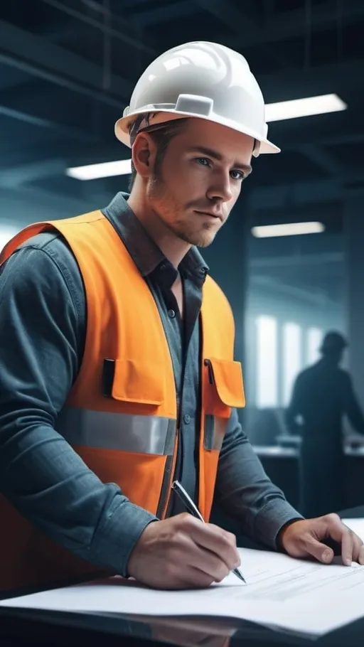 Prompt: white male construction worker signs contract, office background, detailed clothing and facial features, high quality, digital art, cool tones, atmospheric lighting, professional design, futuristic