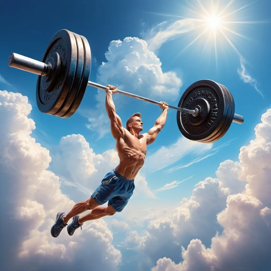 Prompt: man flies, he holds the barbell  in the sky