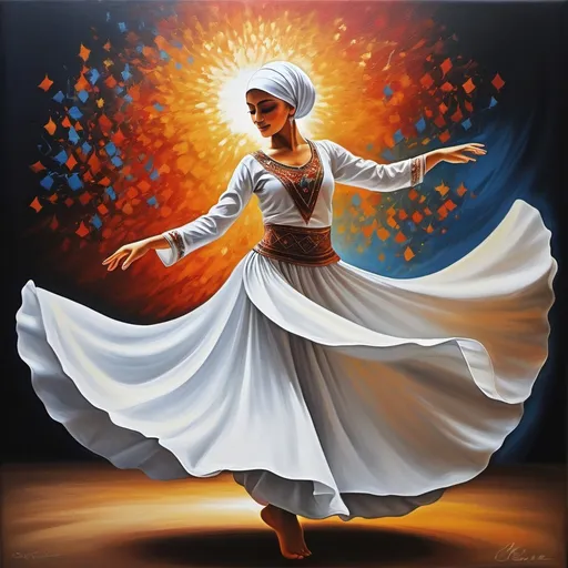 Prompt: A painting of sama dancer girl. The Turkish dance. It's a spiritual dance related to mevlana