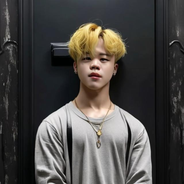 Prompt: Jimin , with blonde hair with big black wings standing in front of a black brown old door which is closed.
he is not smiling 
in real